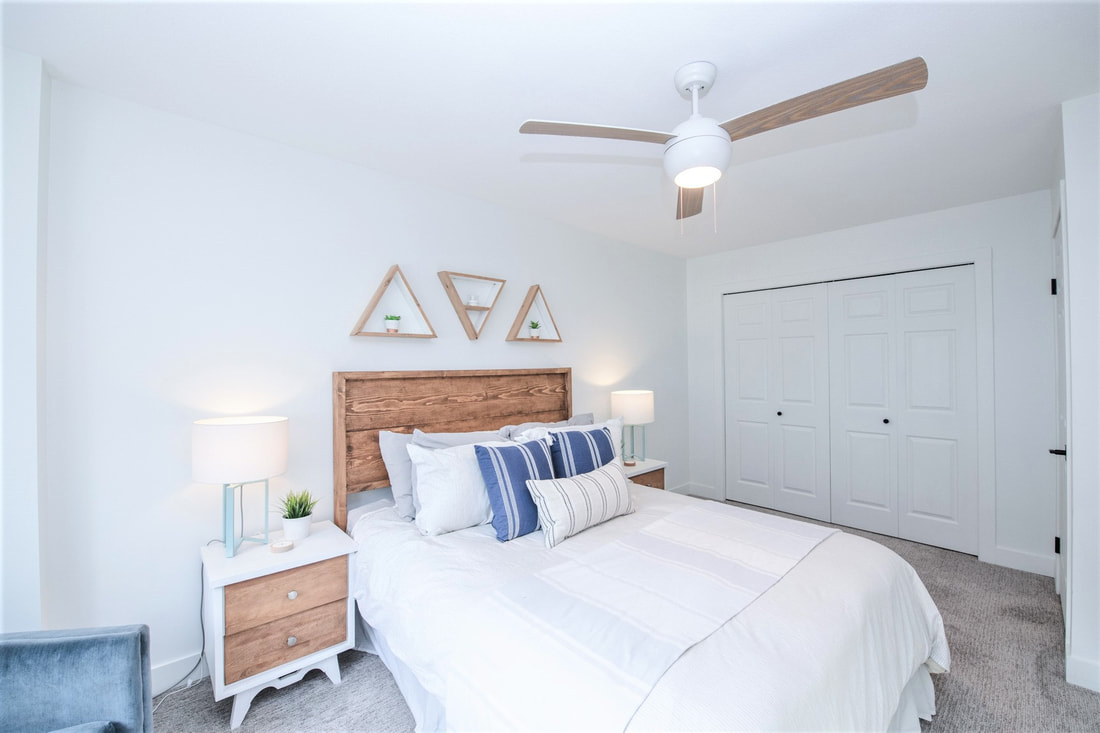 bedroom decor triangle shelves modern bed wood head board